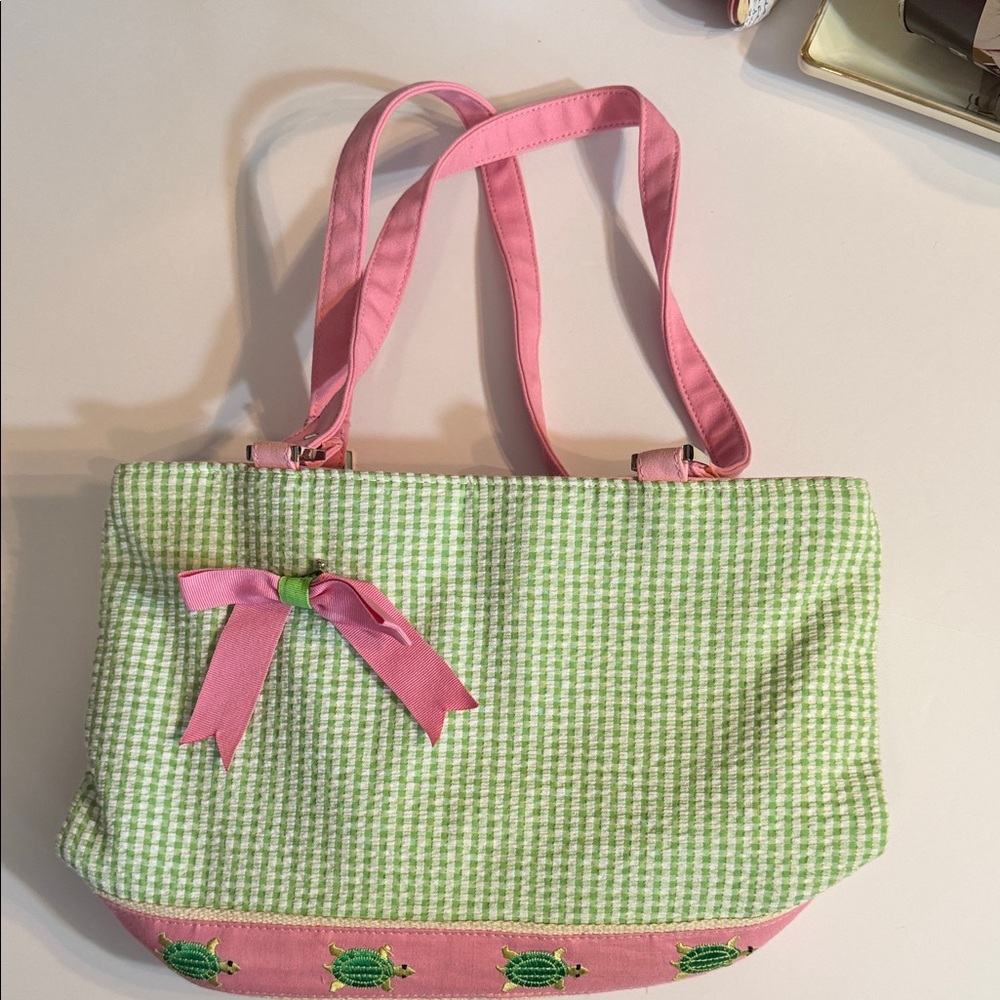 Braciano Green Checkered Tote with Pink Accents